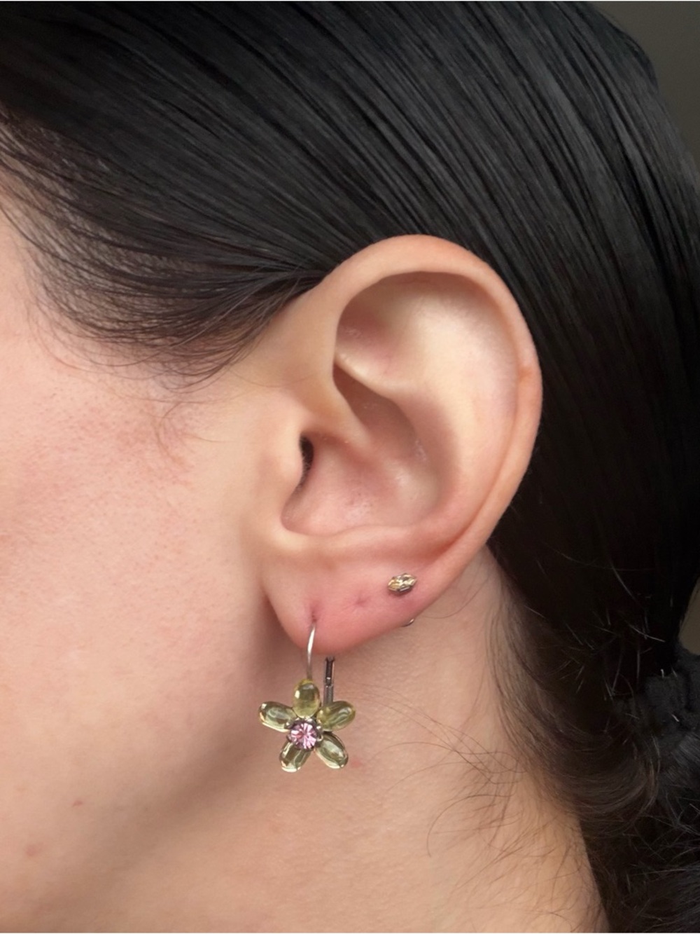 Delicate Green Flower Drop Earrings with Pink Center Crystal/Gem